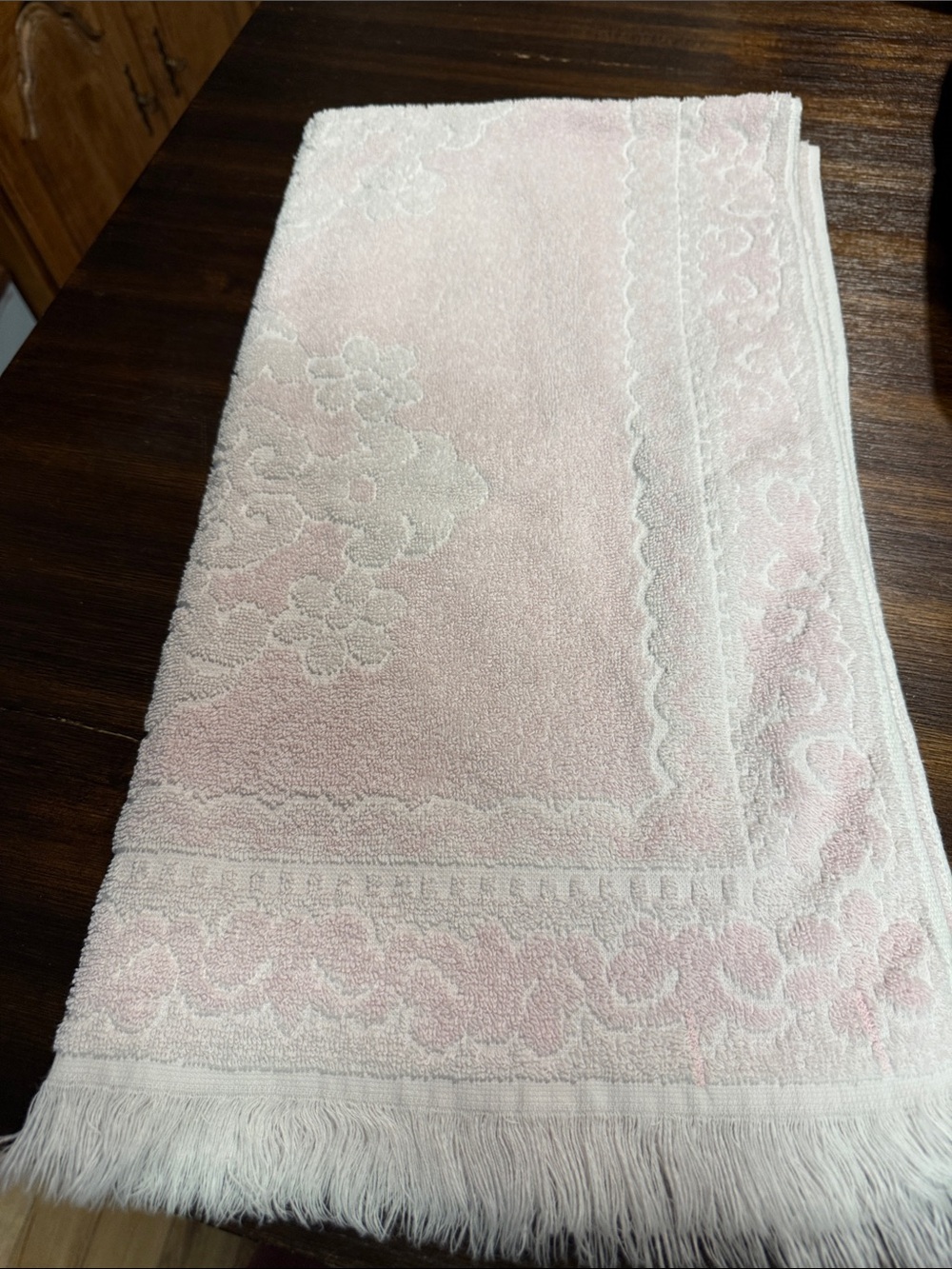 Soft Pink Floral Fringe Bath Towel - vintage Cannon, royal family no tag